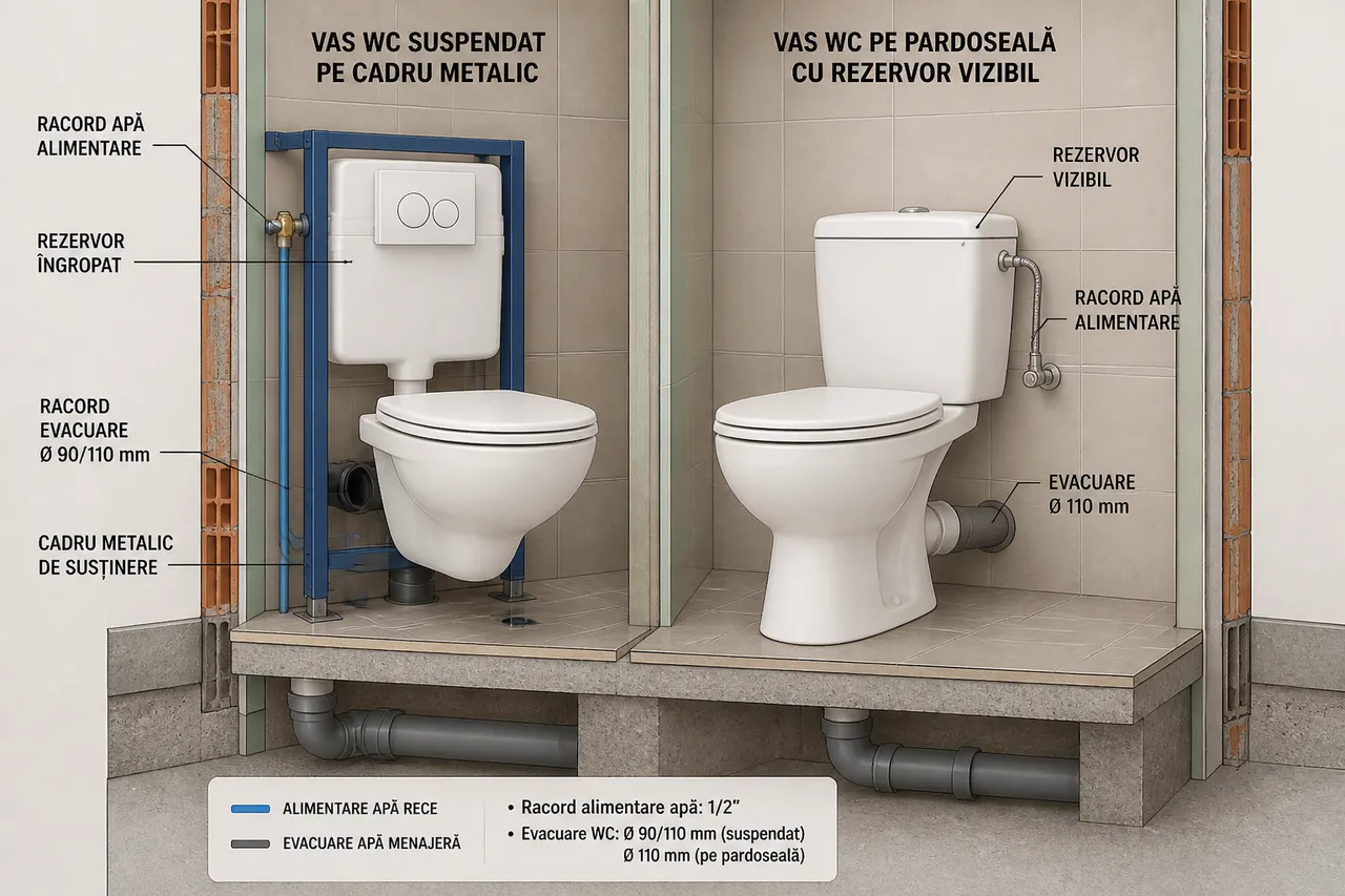 comparație vas WC suspendat și vas WC pe pardoseală