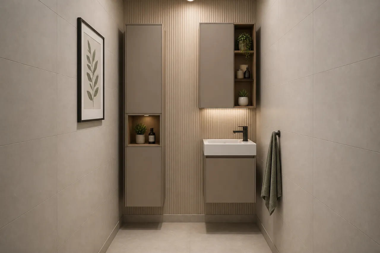 configurație mobilier baie îngustă cu lavoar și depozitare verticală