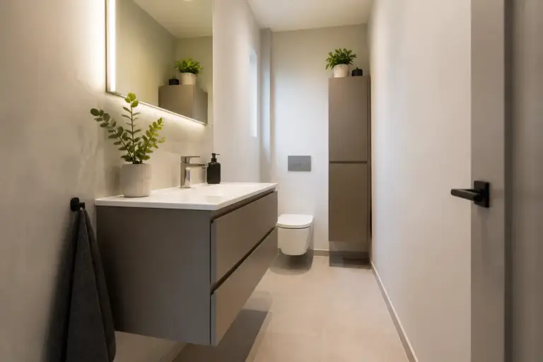 Mobilier cu lavoar pentru băi înguste care păstrează circulația liberă