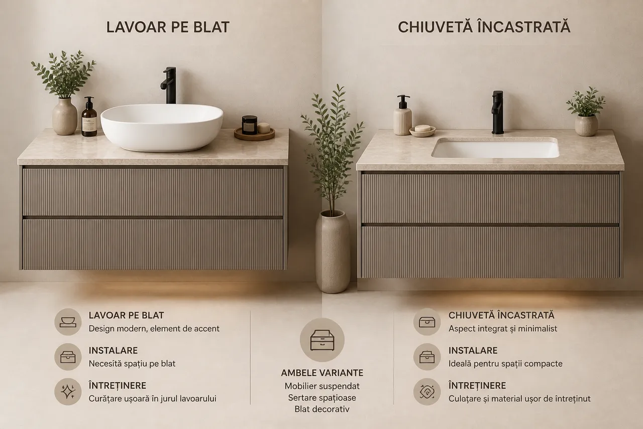 mobilier de baie compatibil cu lavoar pe blat și chiuvetă încastrată