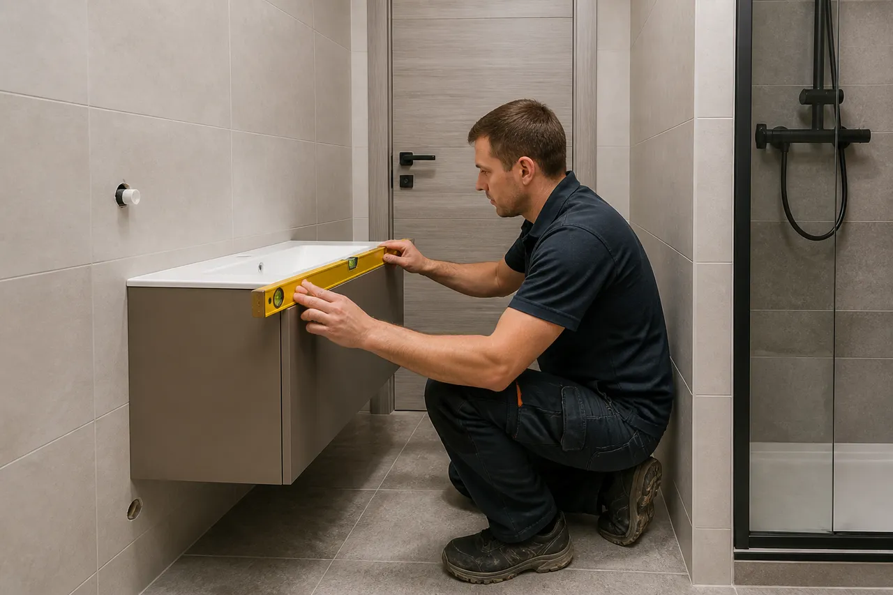 montaj mobilier cu lavoar în baie îngustă