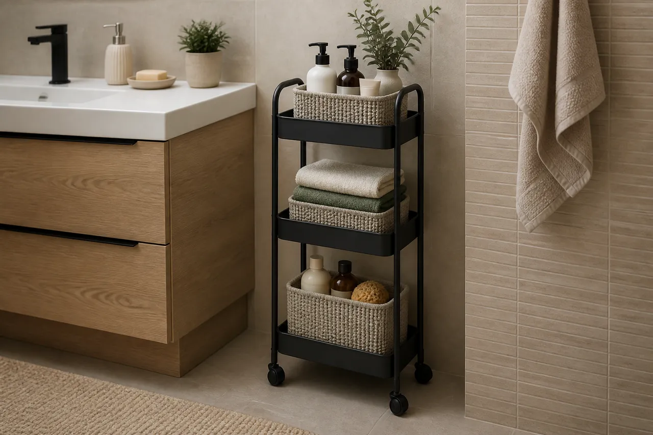 organizare eficientă fără mobilier fix în baie