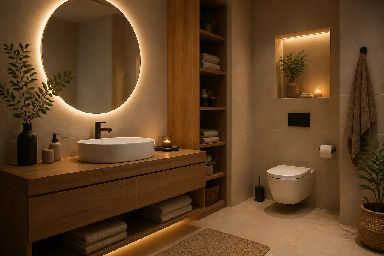 baie cu lumină caldă și design confortabil