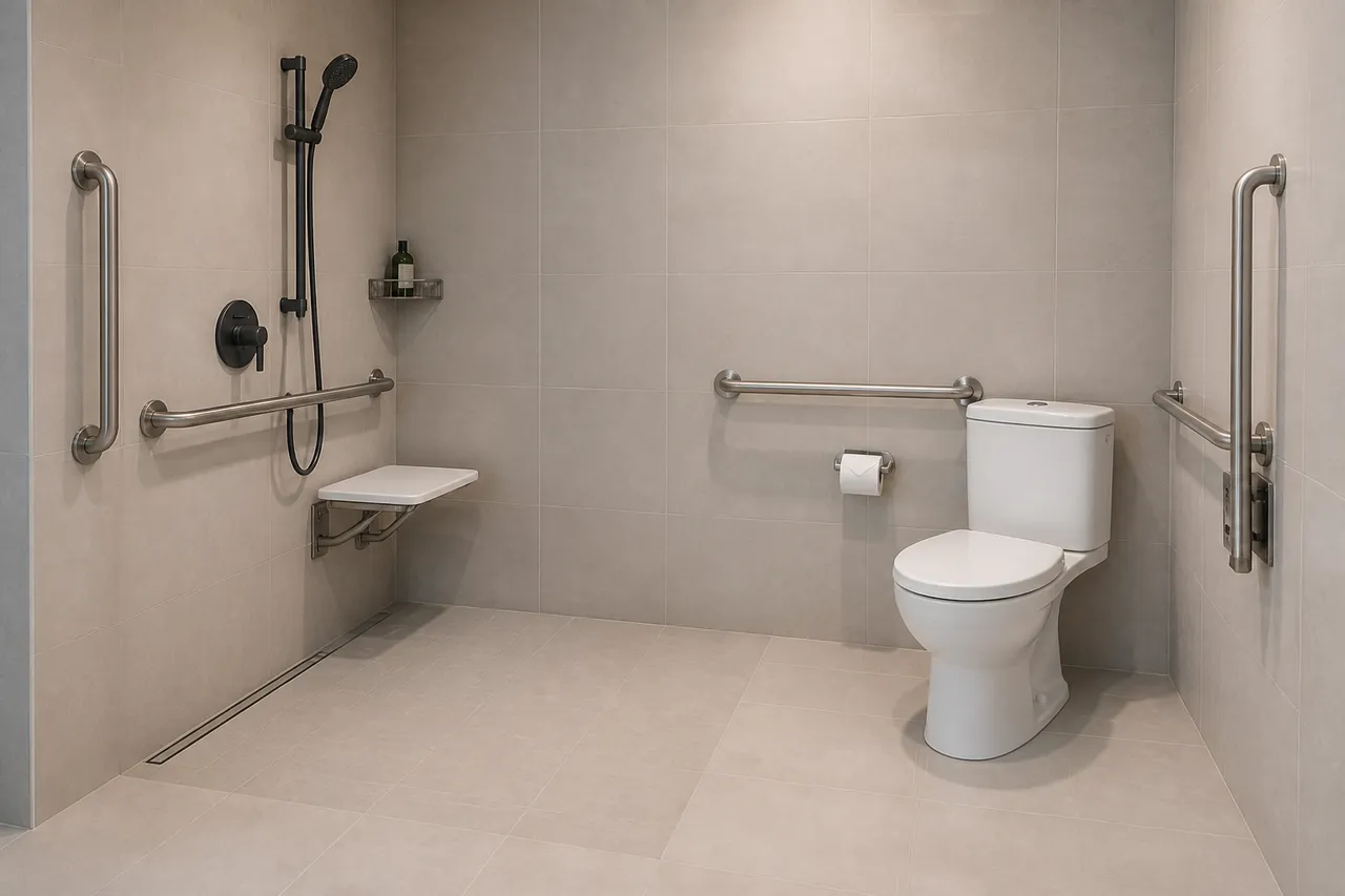 bare de sprijin pentru duș și toaletă în baie accesibilă