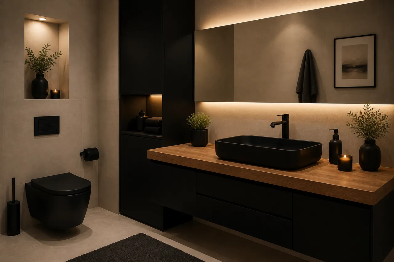 contrast echilibrat într-o baie cu mobilier negru