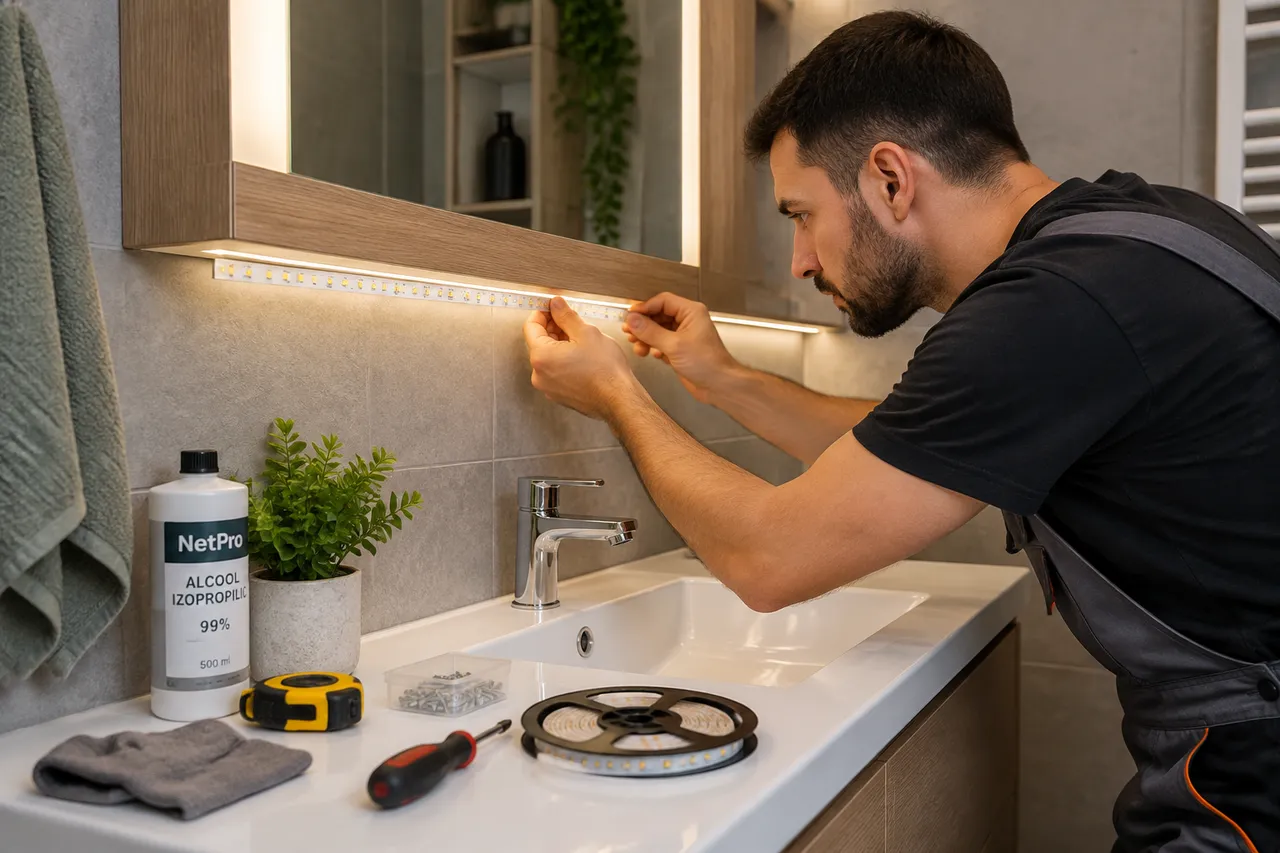 fixare corectă bandă LED cu adeziv în profil de aluminiu