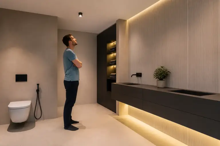 Iluminatul unei băi fără fereastră devine plăcut prin straturi bine echilibrate