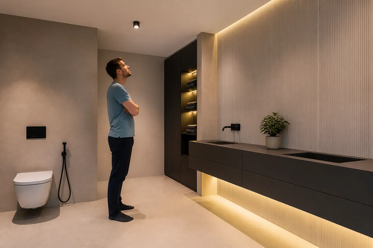 Iluminatul unei băi fără fereastră devine plăcut prin straturi bine echilibrate
