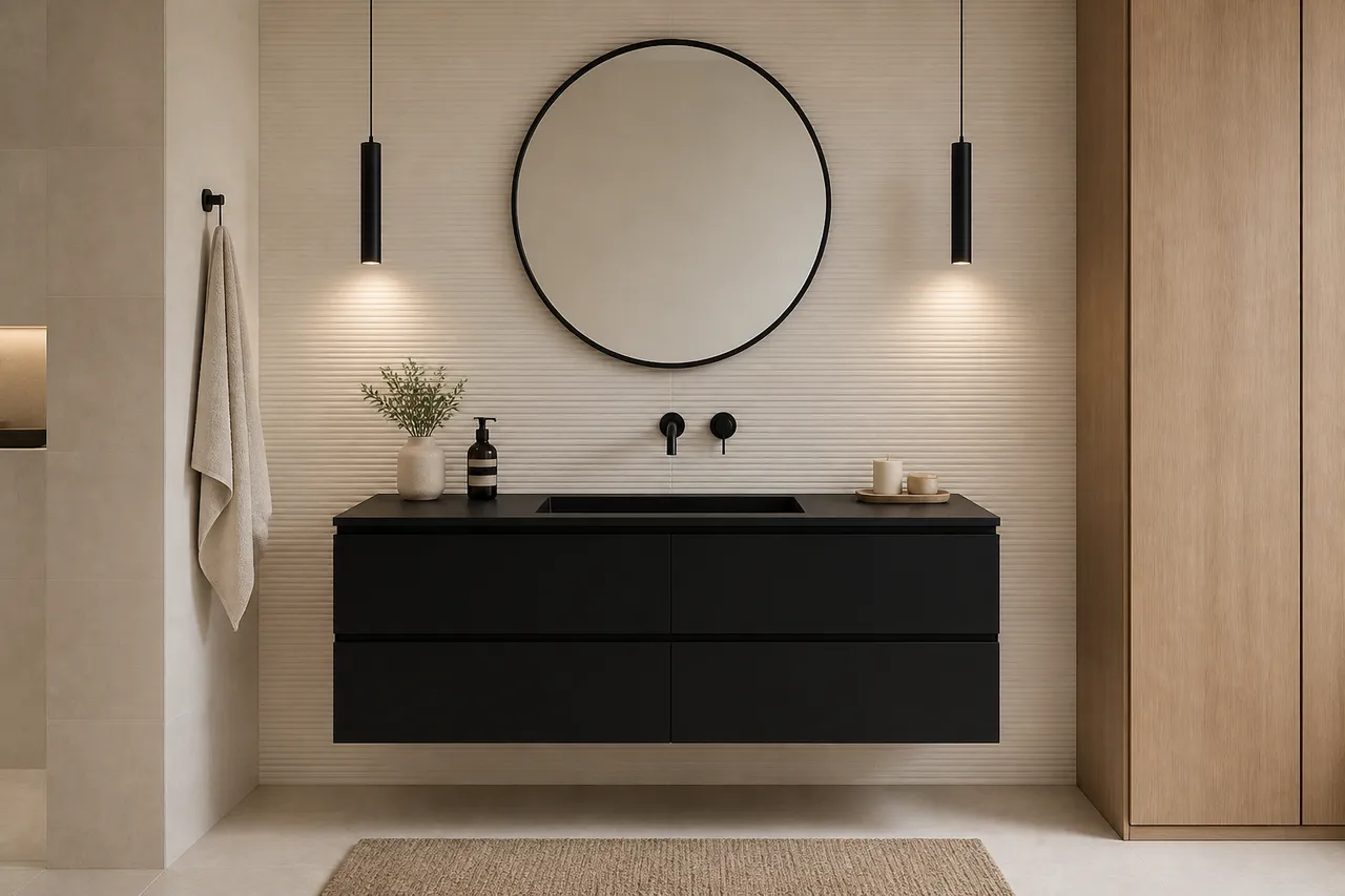 mobilier negru cu chiuvetă neagră în baie modernă