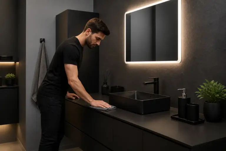 Mobilier negru cu chiuvetă neagră între eleganță și întreținere practică