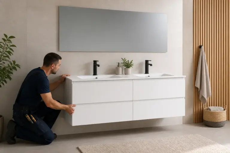 Mobilier suspendat de 120 cm pentru un lavoar dublu și un perete sigur