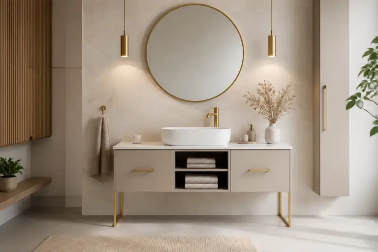 Picioare aurii pentru mobilierul de baie care păstrează decorul echilibrat