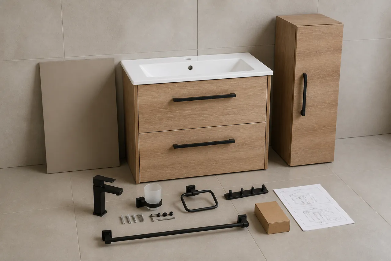 set complet cu chiuvetă și oglindă pentru baie