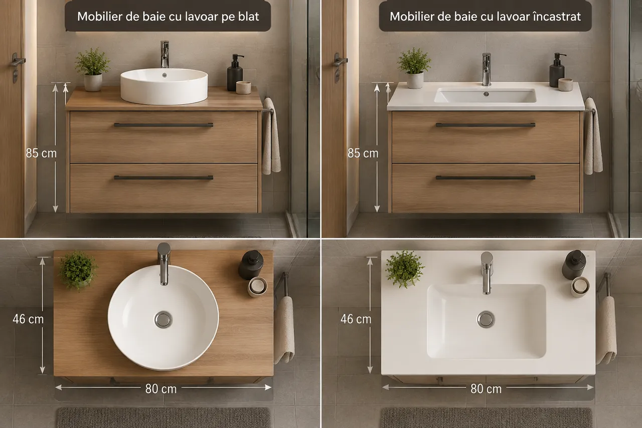 comparație lavoar pe blat și lavoar încastrat