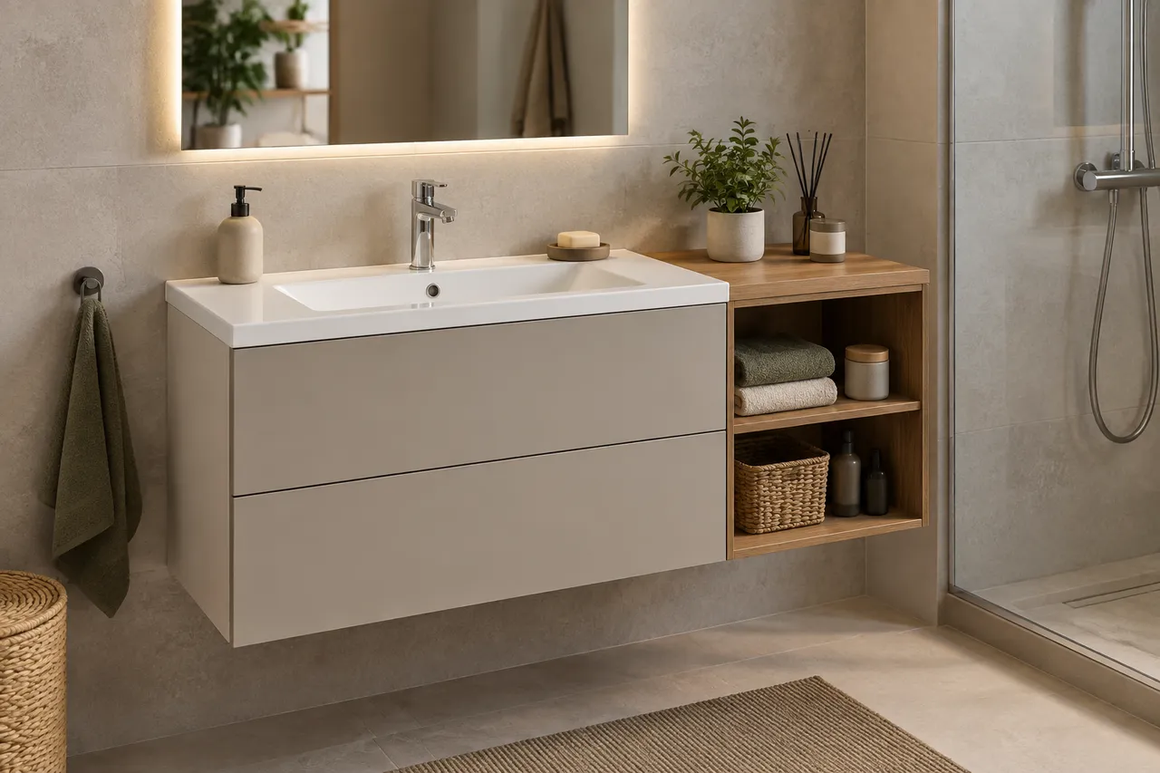 mobilier baie 100 cm cu lavoar și depozitare generoasă