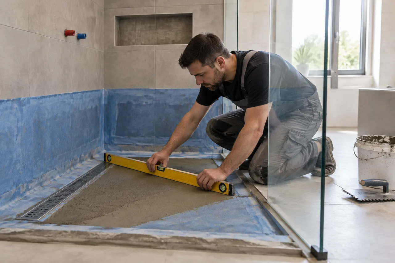 Pardoseală etanșă pentru un duș walk-in fără infiltrații