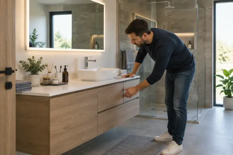 Setul cu lavoar și oglindă care simplifică amenajarea băii